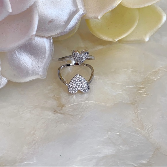 Rhodium Plated CZ Silver Tone Double Heart Ring 6 - Picture 2 of 4